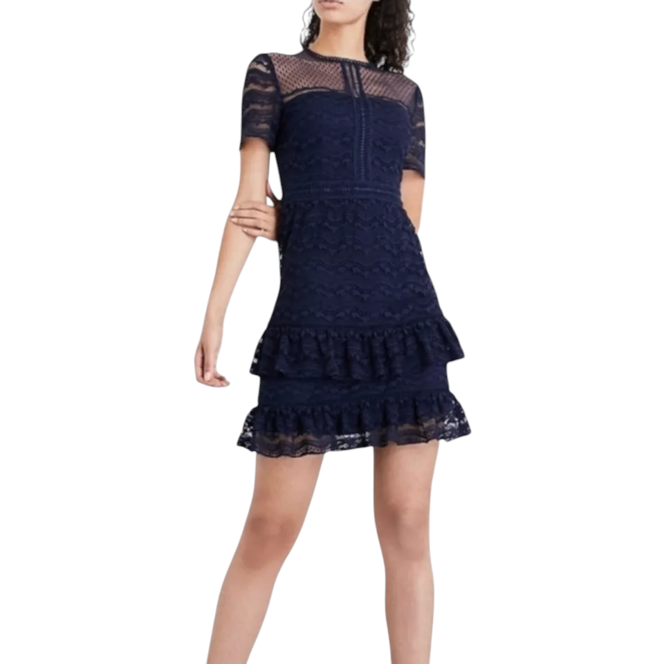 Whistles Navy Lace Short Sleeve Ruffle Dress UK 12