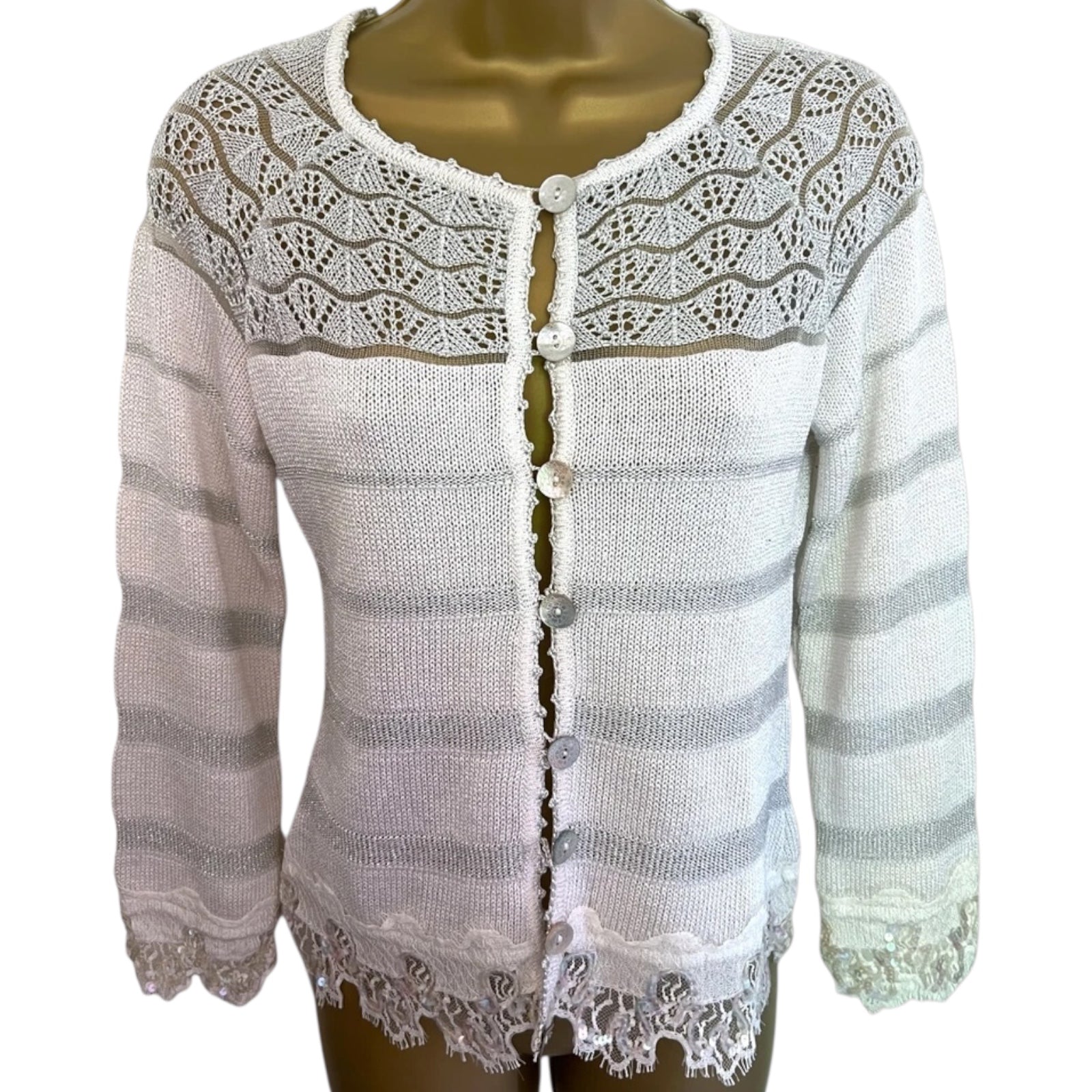 Bazar Christian Lacroix Vintage White Silver Knit Crochet Cardigan UK 8/10