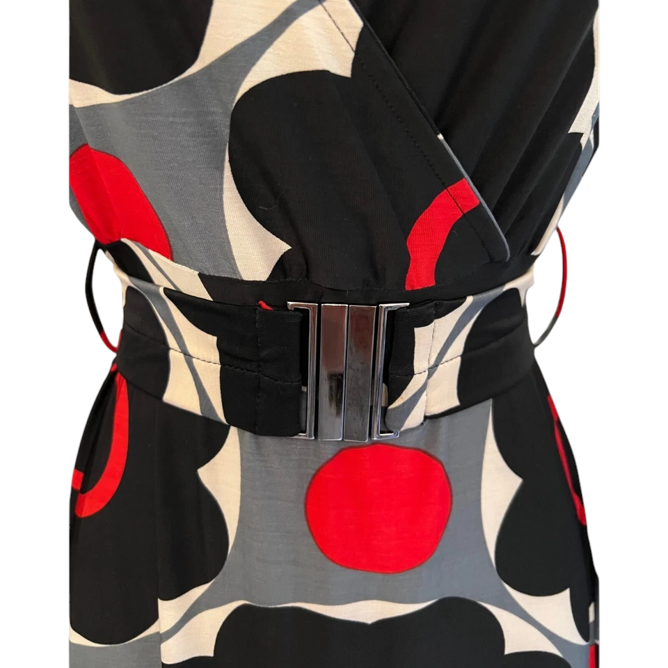 Cream Red Black Grey Geometric Stretch Dress  UK 6