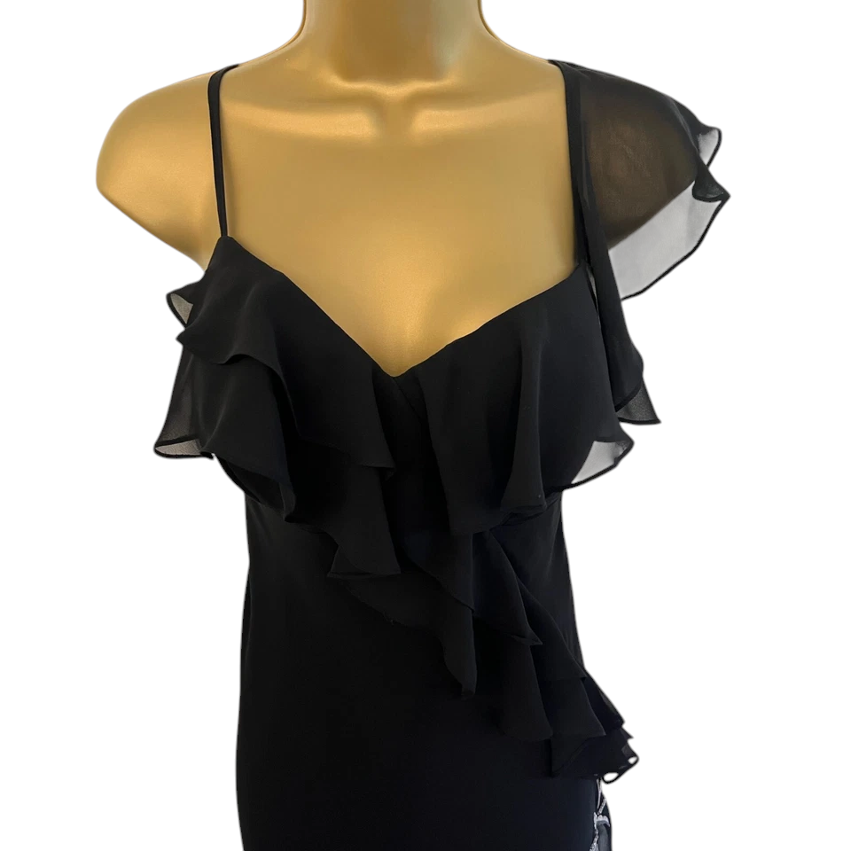 Debut Black Chiffon Silver Floral Applique Dress UK 10