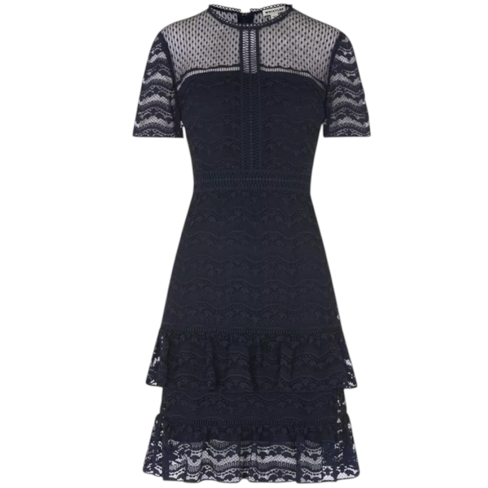 Whistles Navy Lace Short Sleeve Ruffle Dress UK 12