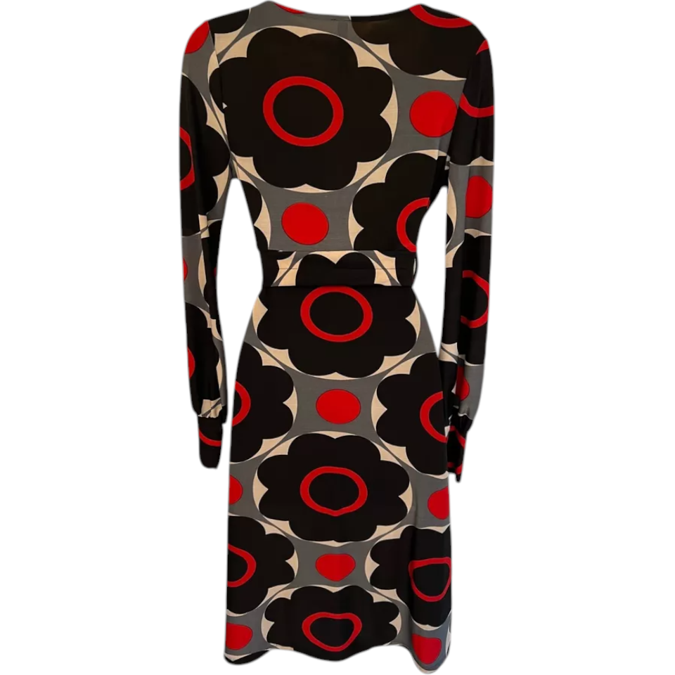 Cream Red Black Grey Geometric Stretch Dress  UK 6