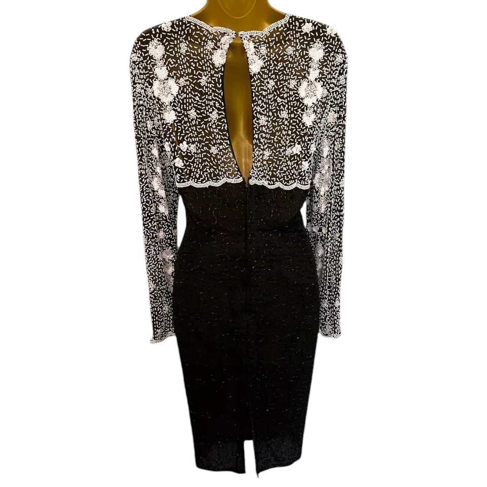 Laurence Kazar Vintage Black & White Beaded Dress 1980 UK 12