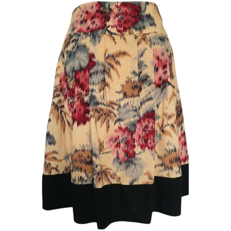 Hobbs Pleated Beige, Black Floral Wool Skirt UK 10