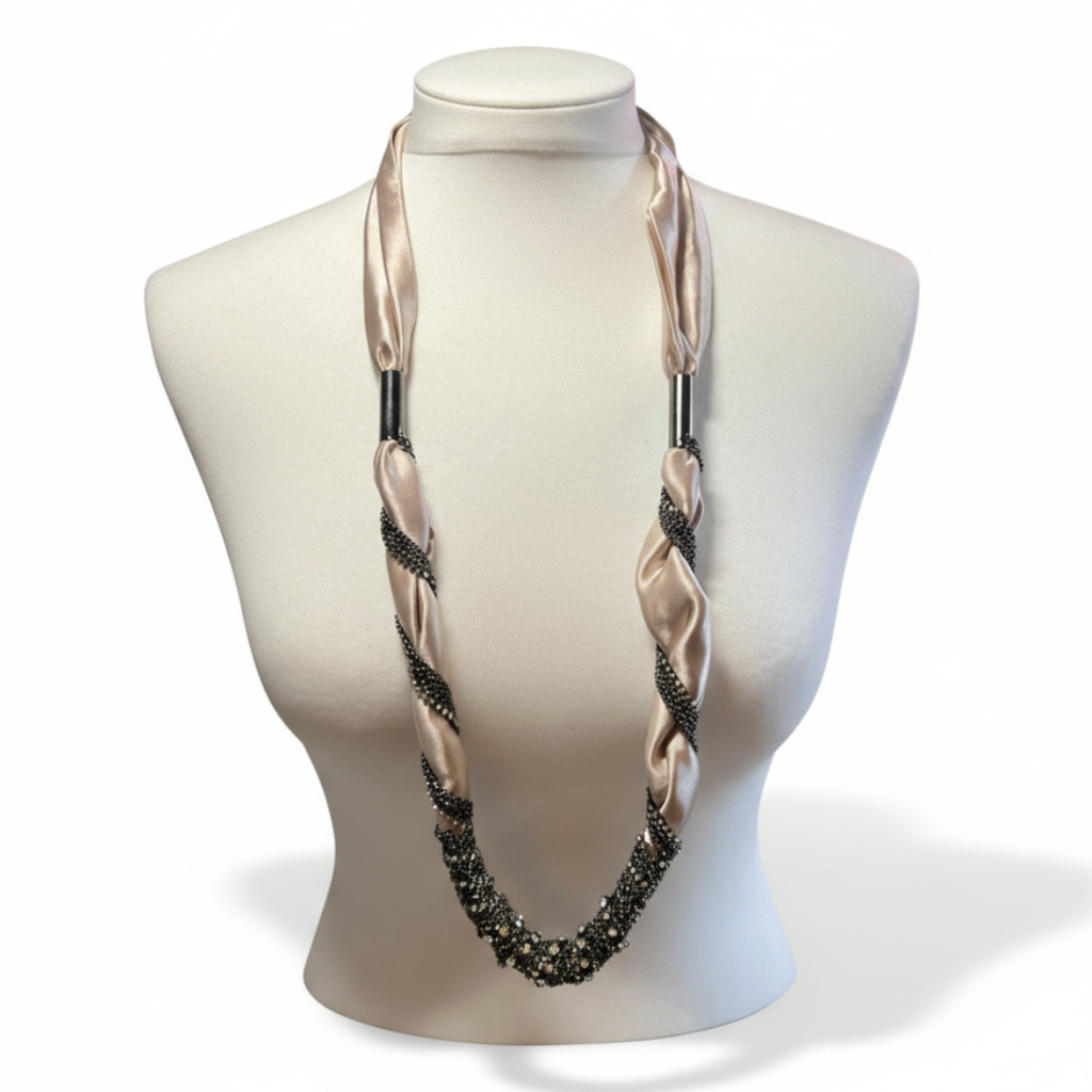 Peach Satin Chain & Diamante Tie Necklace