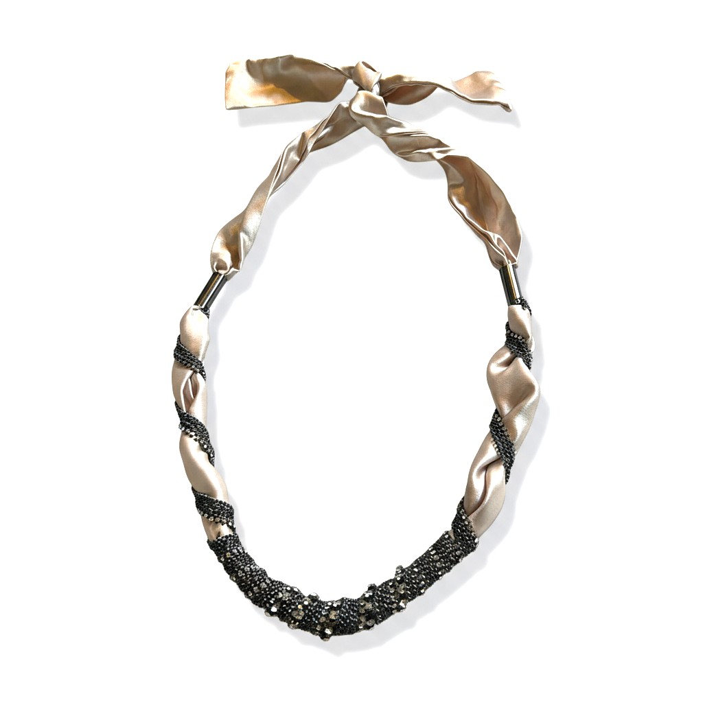 Peach Satin Chain & Diamante Tie Necklace