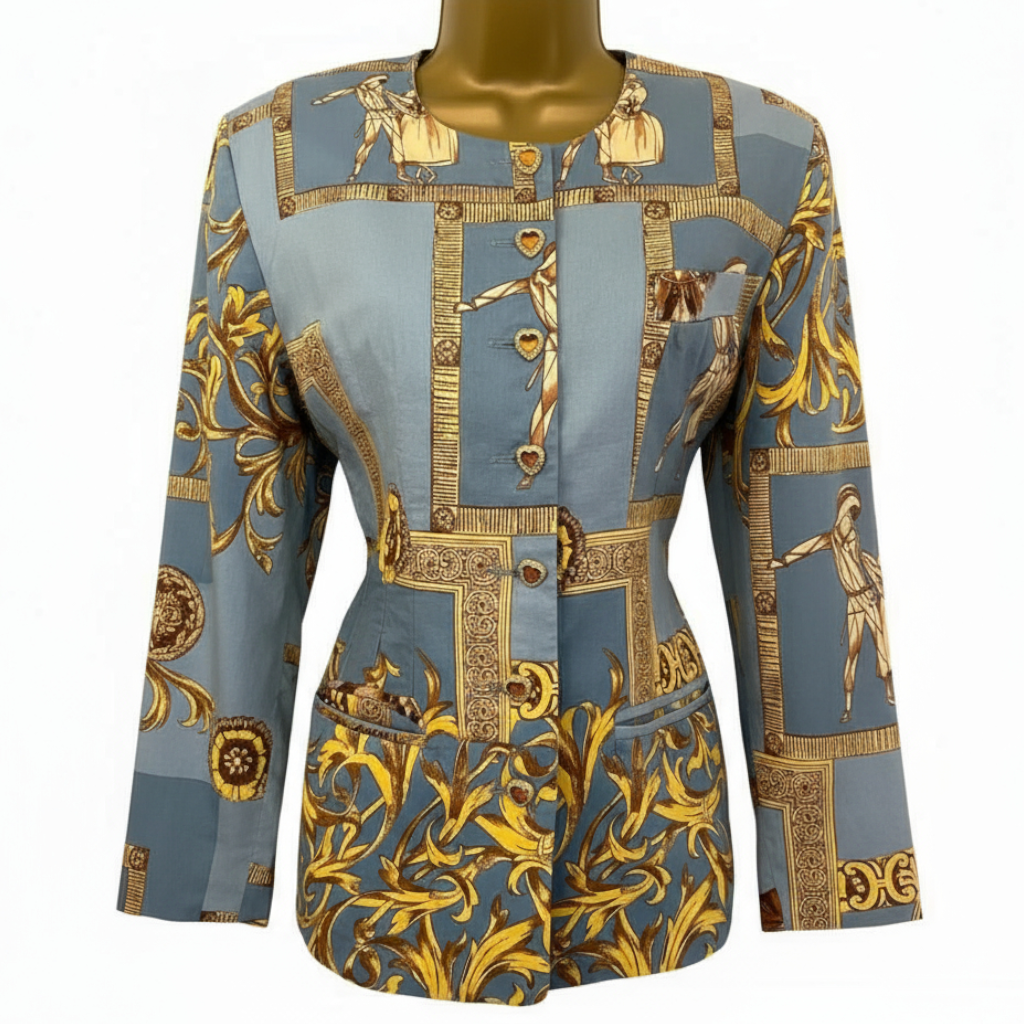 Gianni Versace Iconic Vintage Blue Mustard Cotton Jacket UK 12/14