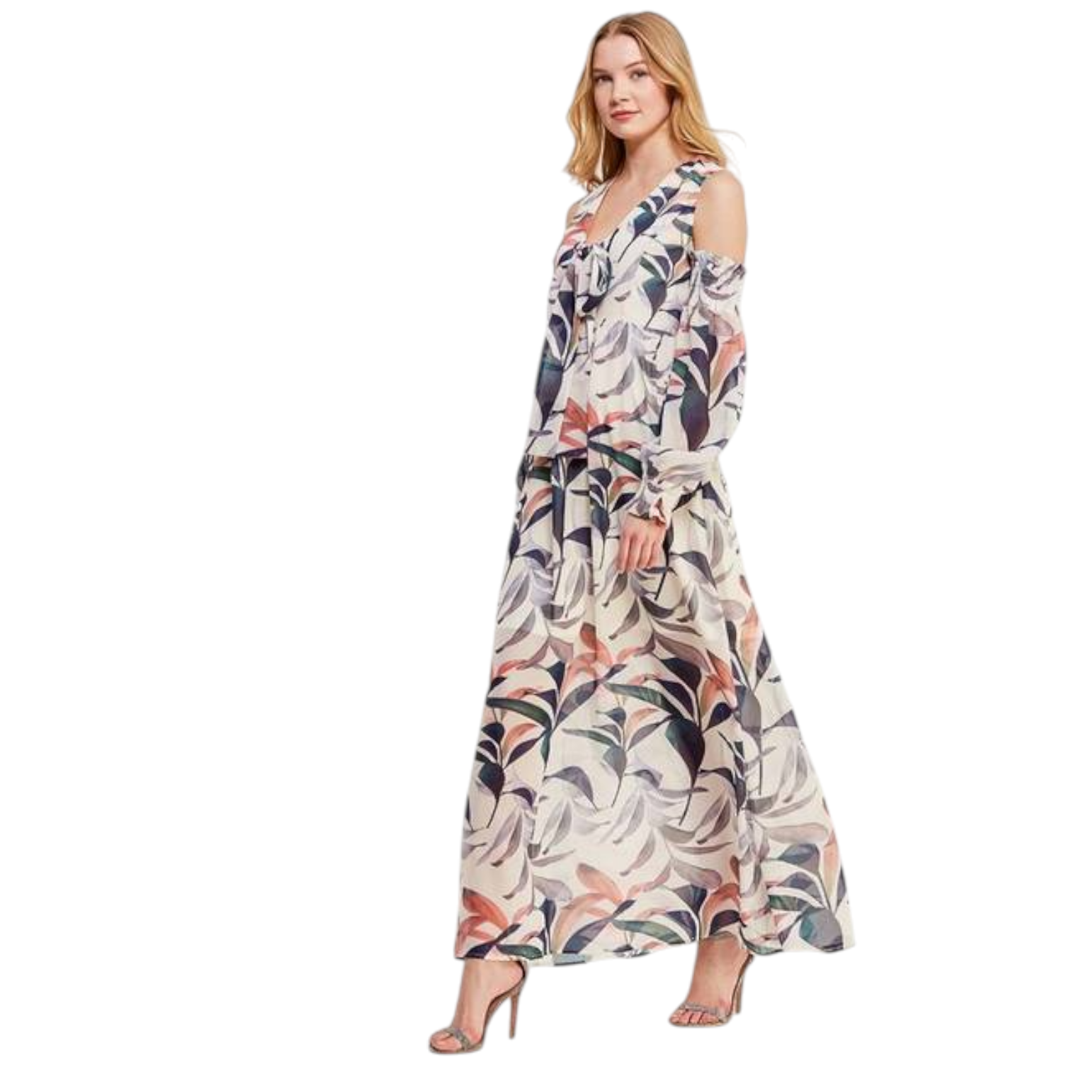 Lost Ink Ivory Floral Cold Shoulder Maxi Dress UK 6