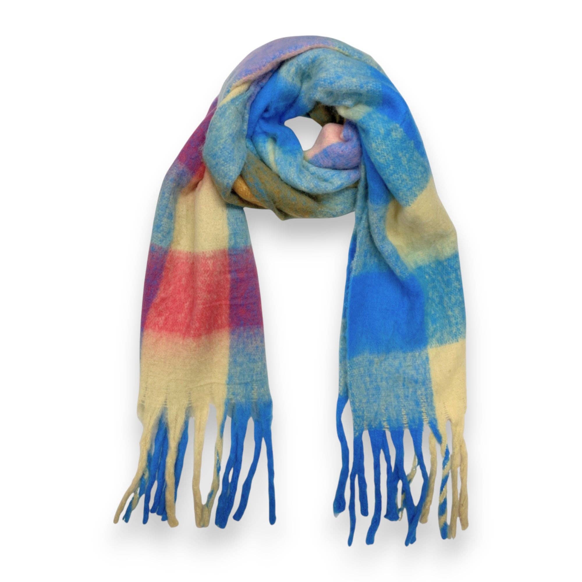 Fluffy Check Print Winter Scarf: Smurf