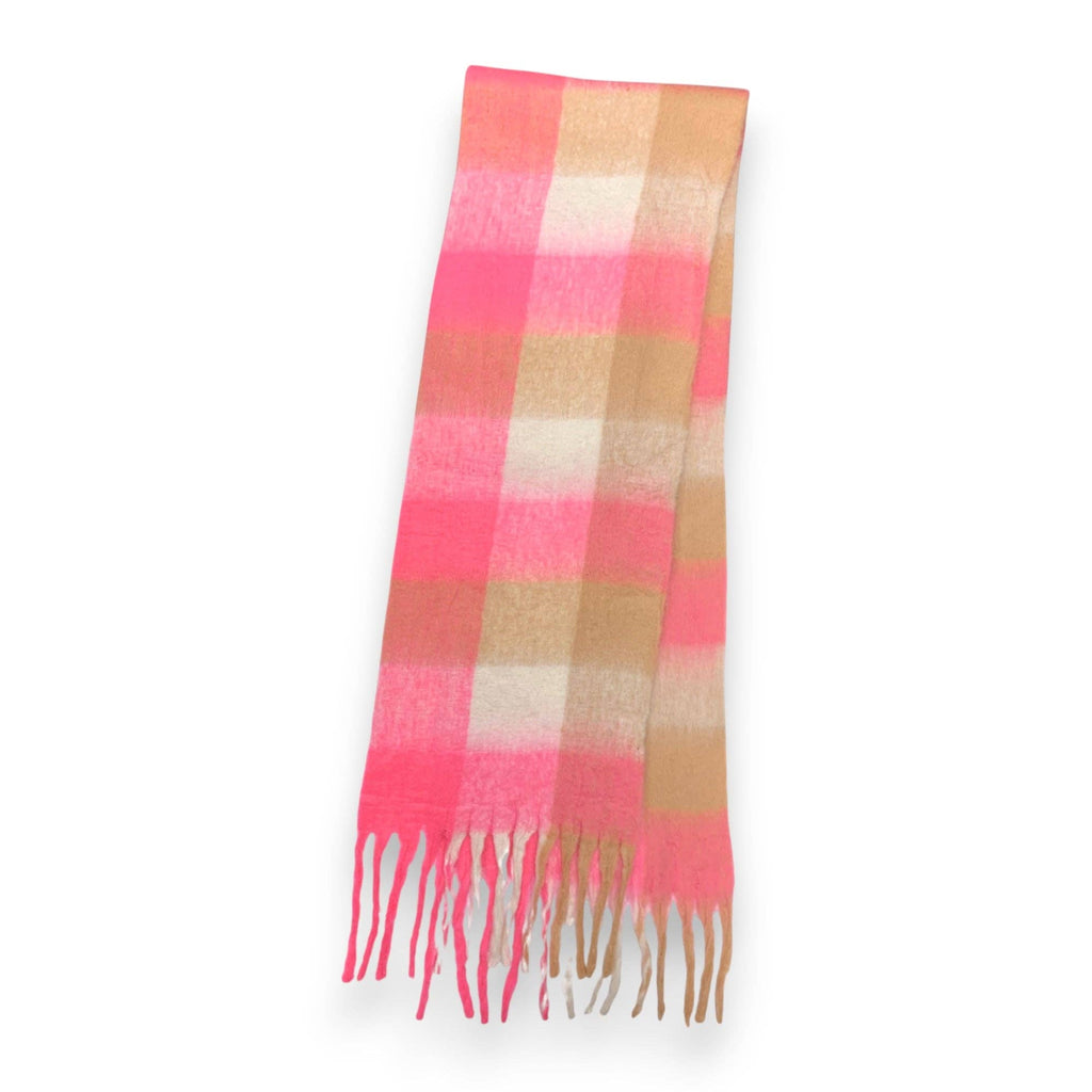 Fluffy Check Print Winter Scarf: Hot Pink