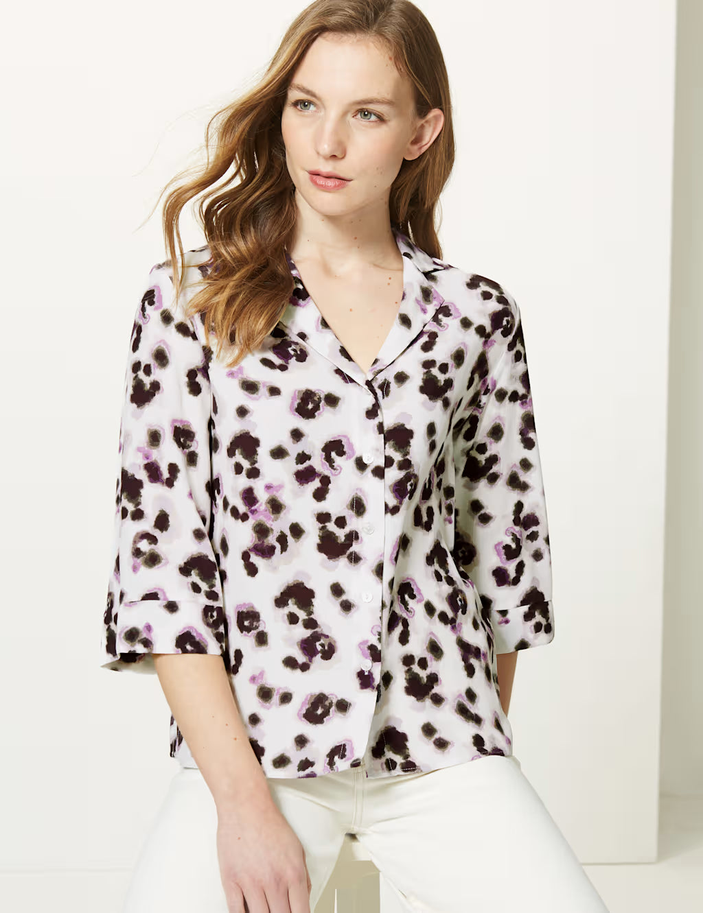 M&S Ivory Purple Animal Print Summer Blouse UK 6