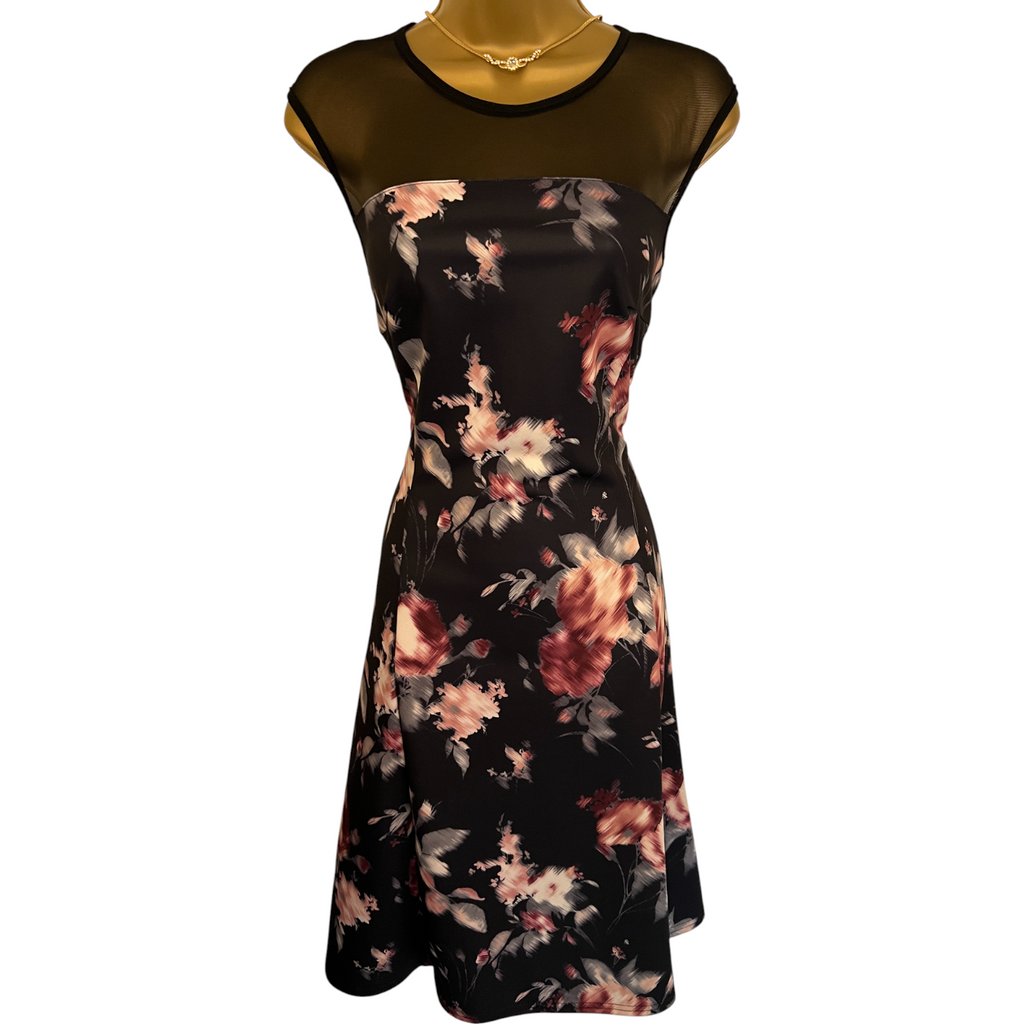 Roman Black Floral Sheer Yoke Dress UK 10