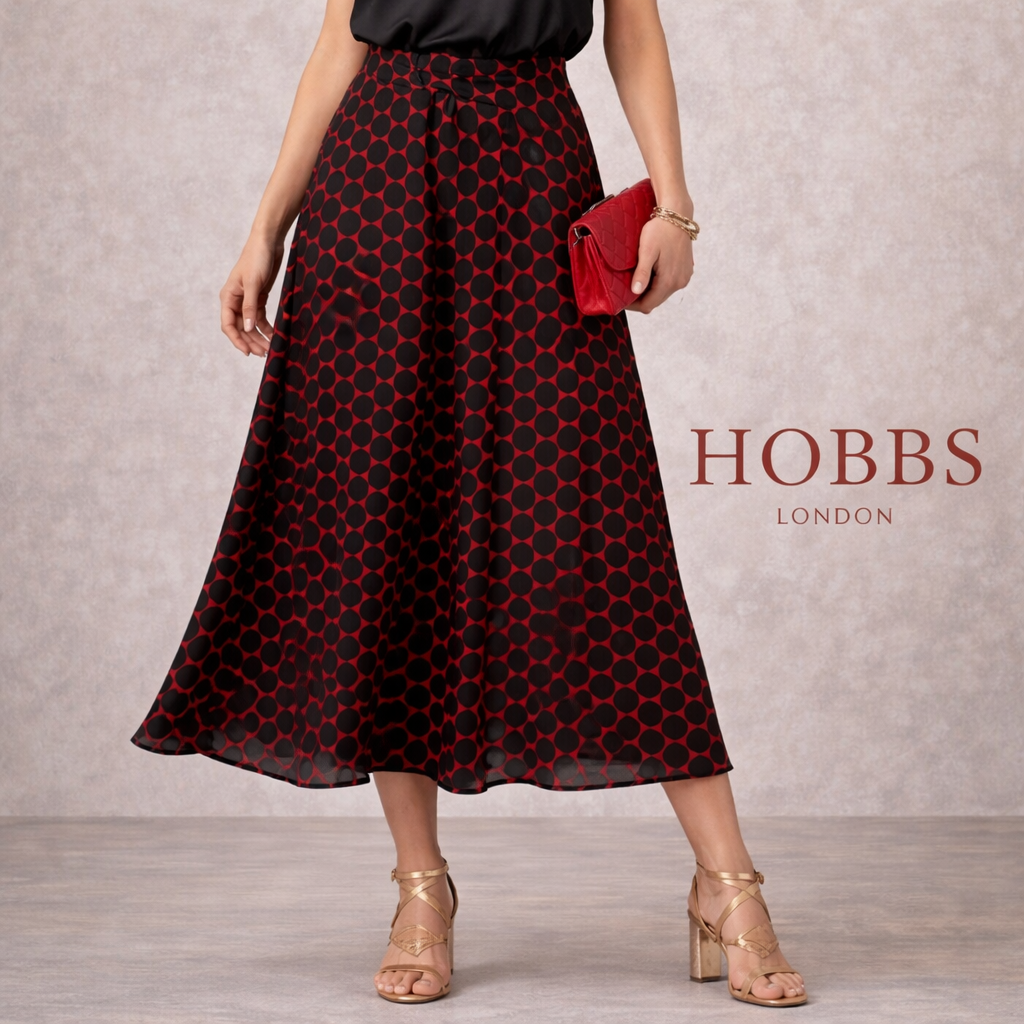 Hobbs Black & Red Silk Polka Dot Flared Skirt UK 8