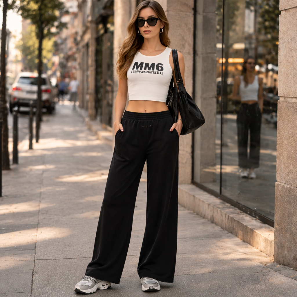 MM6 Maison Margiela Black Wide Leg Track Pants UK 10