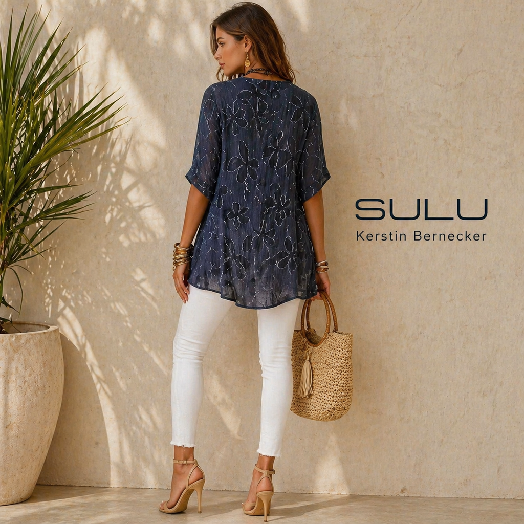 SULU Kerstin Bernecker Navy Linen Silk Tunic Top UK 10