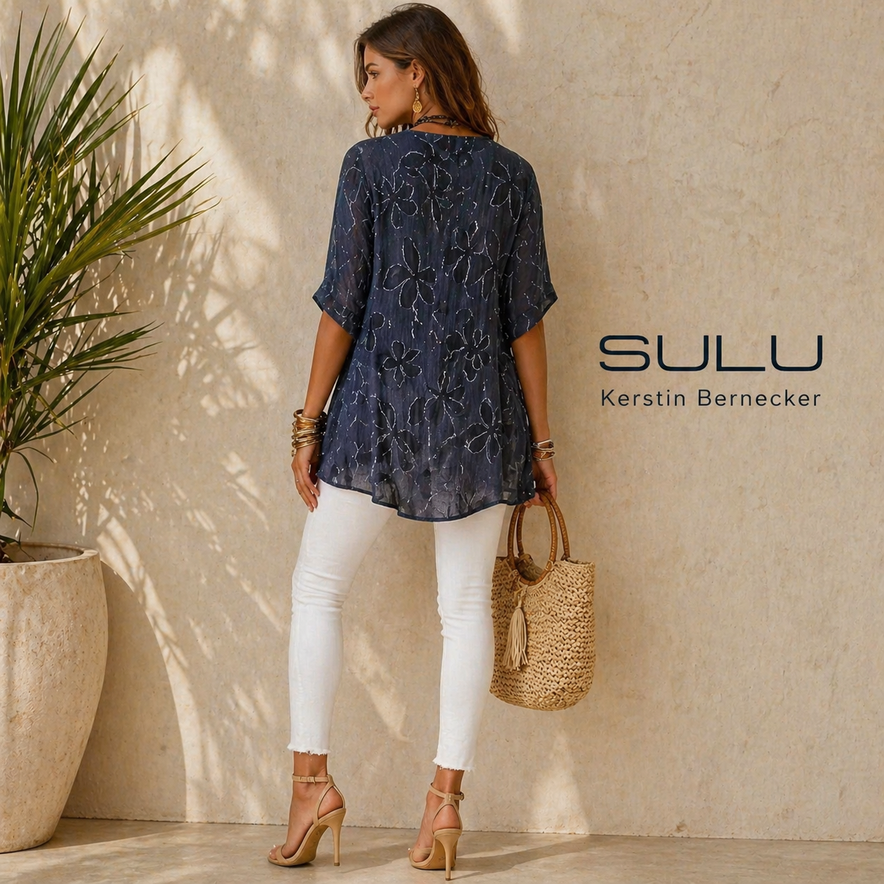 SULU Kerstin Bernecker Navy Linen Silk Tunic Top UK 10