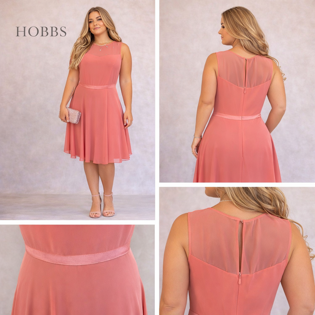 Hobbs Invitation Pink Fit & Flare Chiffon Dress UK 16