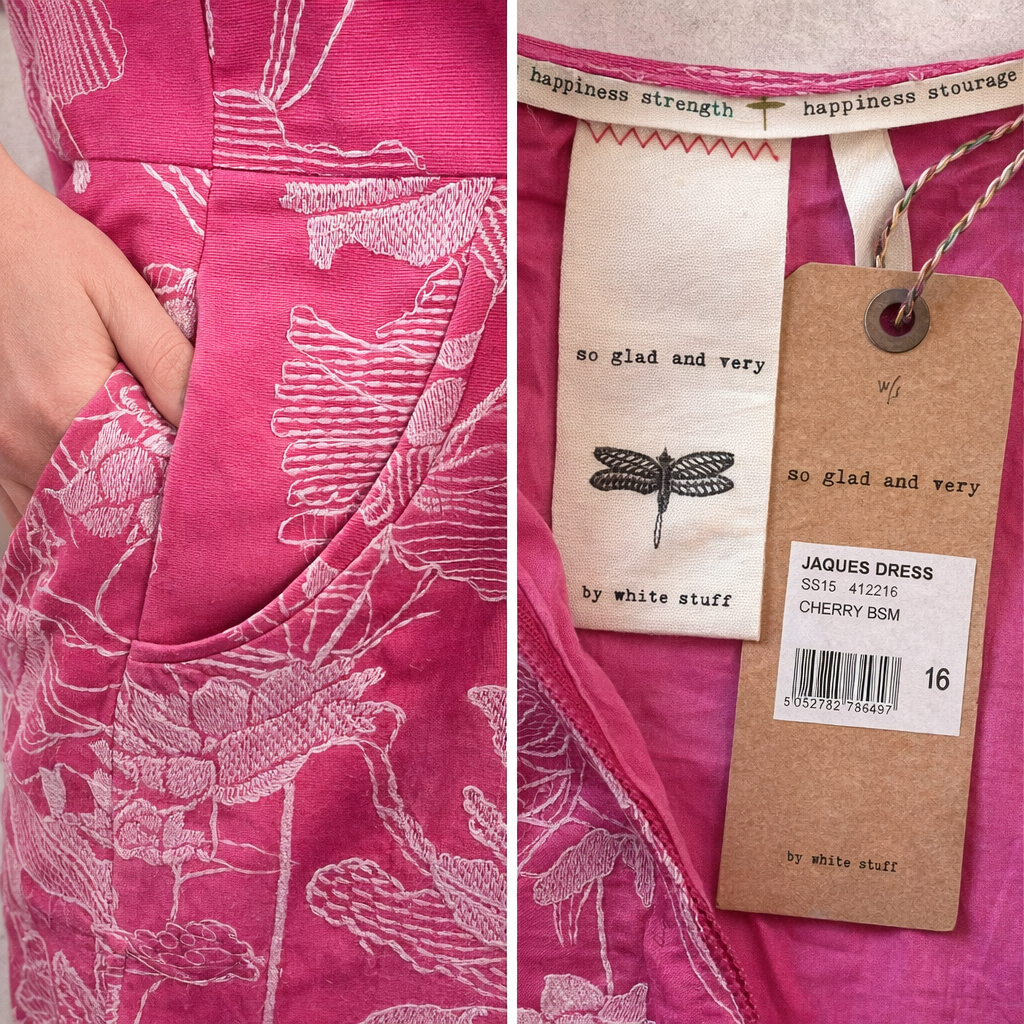 White Stuff Jaques Pink Cotton Floral Embroidered Dress UK 16