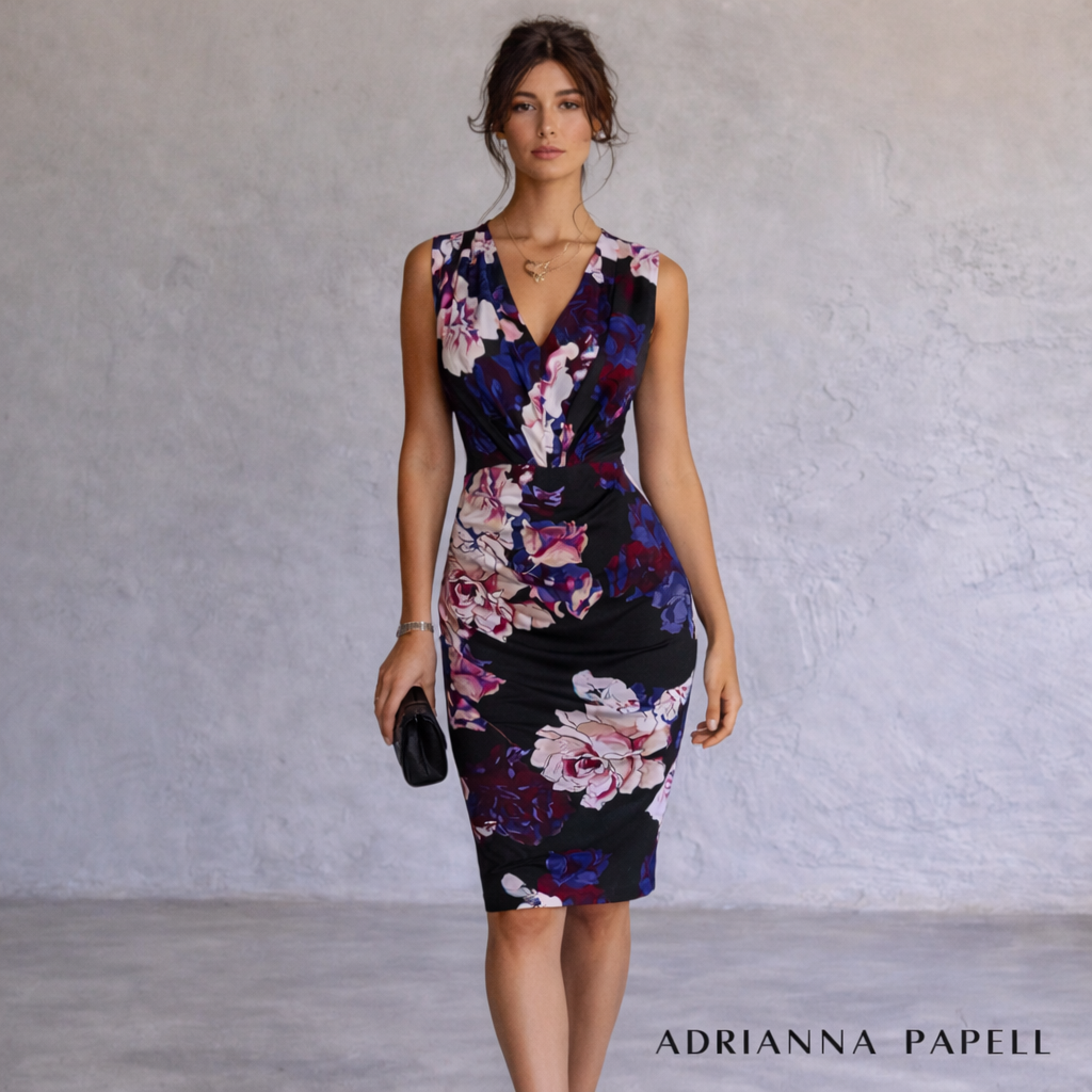 Adrianna Papell Black Purple Floral Bodycon Dress UK 8