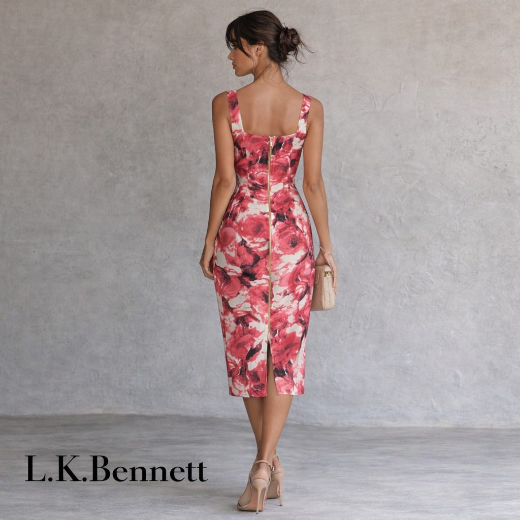 L.K. Bennett Pink Floral Wool & Silk Fitted Dress UK 8