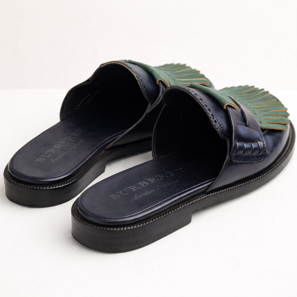 Burberry London Beckshell Navy Green Patent Leather Fringe Loafer Mules UK 4