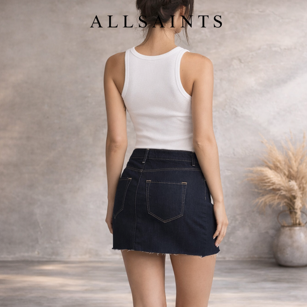 All Saints Ace Indigo Denim Frayed Hem Mini Skirt UK 10