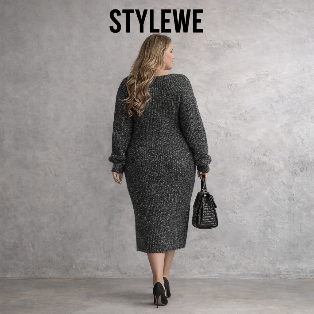 Stylewe Urban Plain V Neck Grey Midi Slouchy Jumper Dress UK 16/18