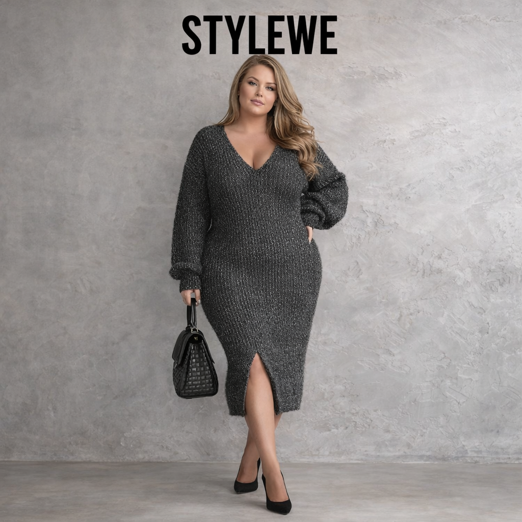 Stylewe Urban Plain V Neck Grey Midi Slouchy Jumper Dress UK 16/18
