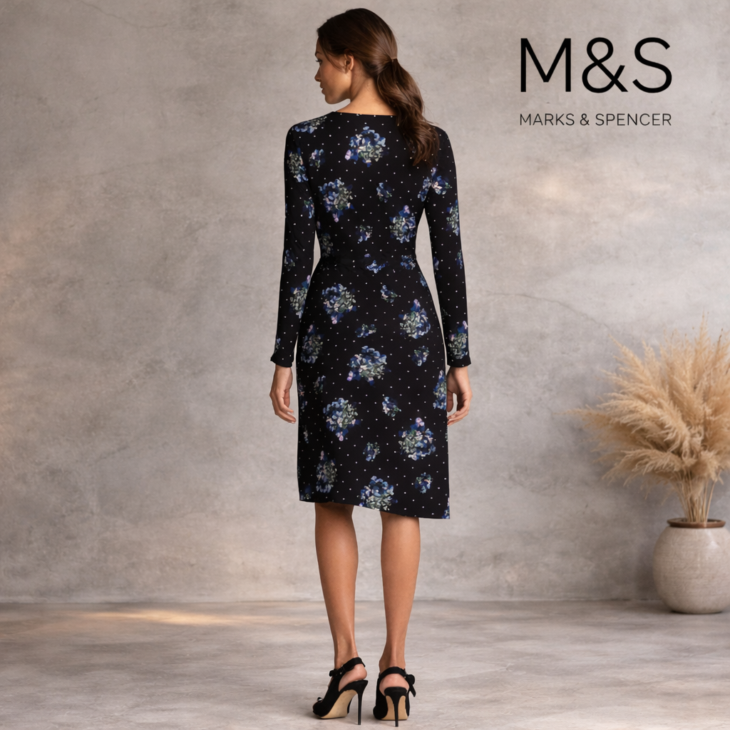 M&S Collection Black Floral Asymmetric Wrap Dress UK 10