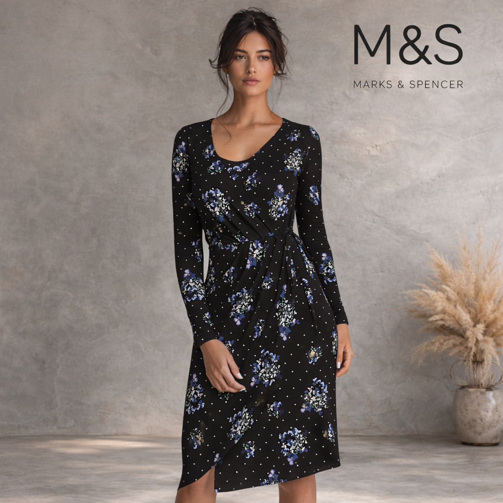 M&S Collection Black Floral Asymmetric Wrap Dress UK 10