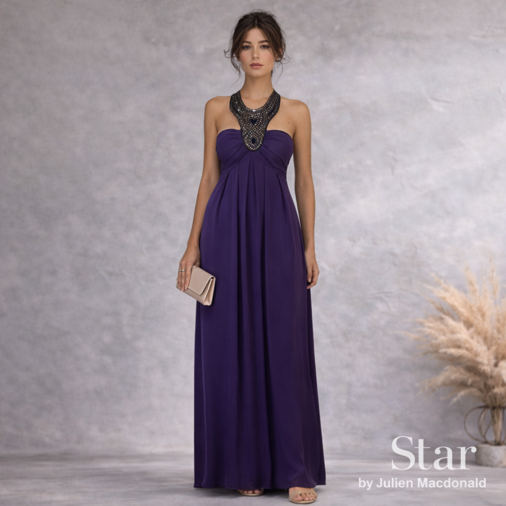 Star by Julien Macdonald Purple Embellished Halterneck Maxi Dress UK 12