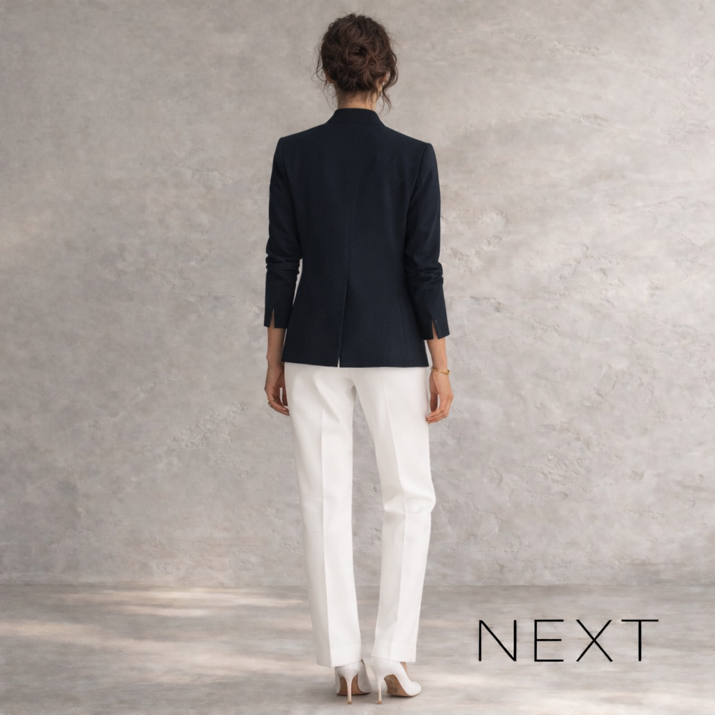 NEXT Navy Mandarin Collar Blazer – Tailored Open Front Jacket UK 12