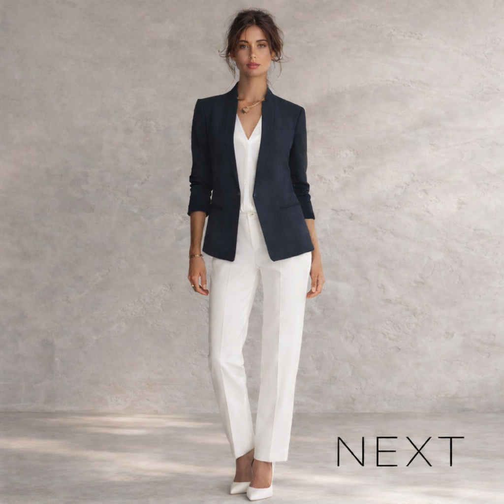 NEXT Navy Mandarin Collar Blazer – Tailored Open Front Jacket UK 12