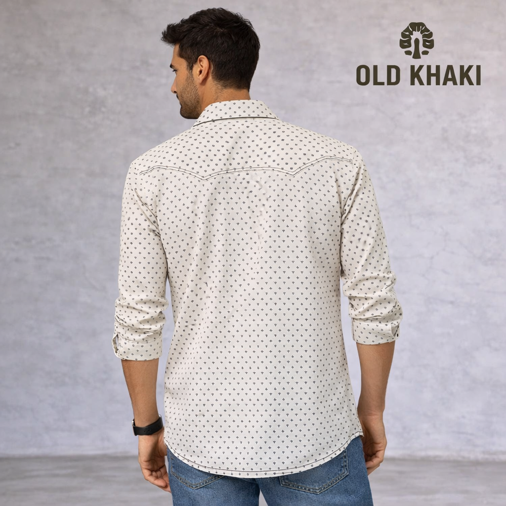 Old Khaki Western Print Shirt – Cream Fleur de Lis Size M Slim Fit