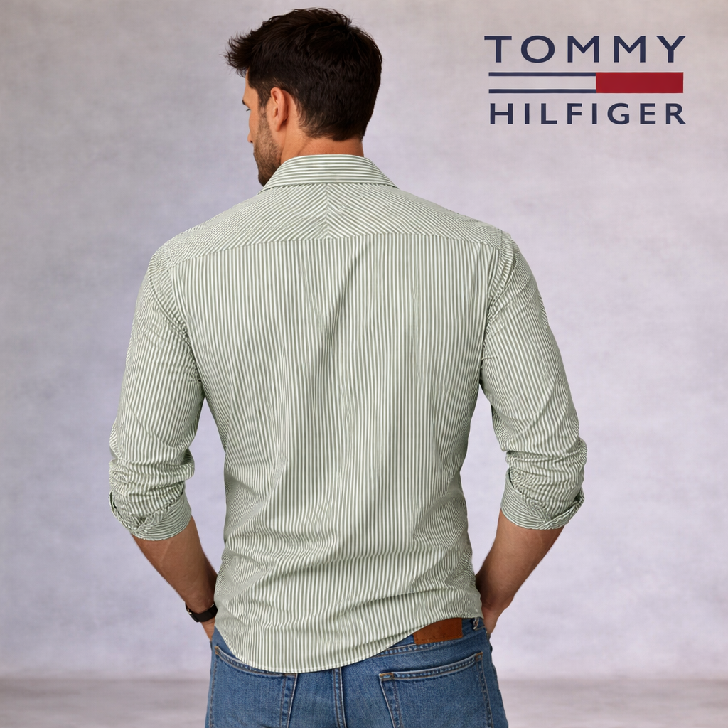 Tommy Hilfiger Tailored Fit Green & White Striped Shirt – Size L - Fitted 41/16