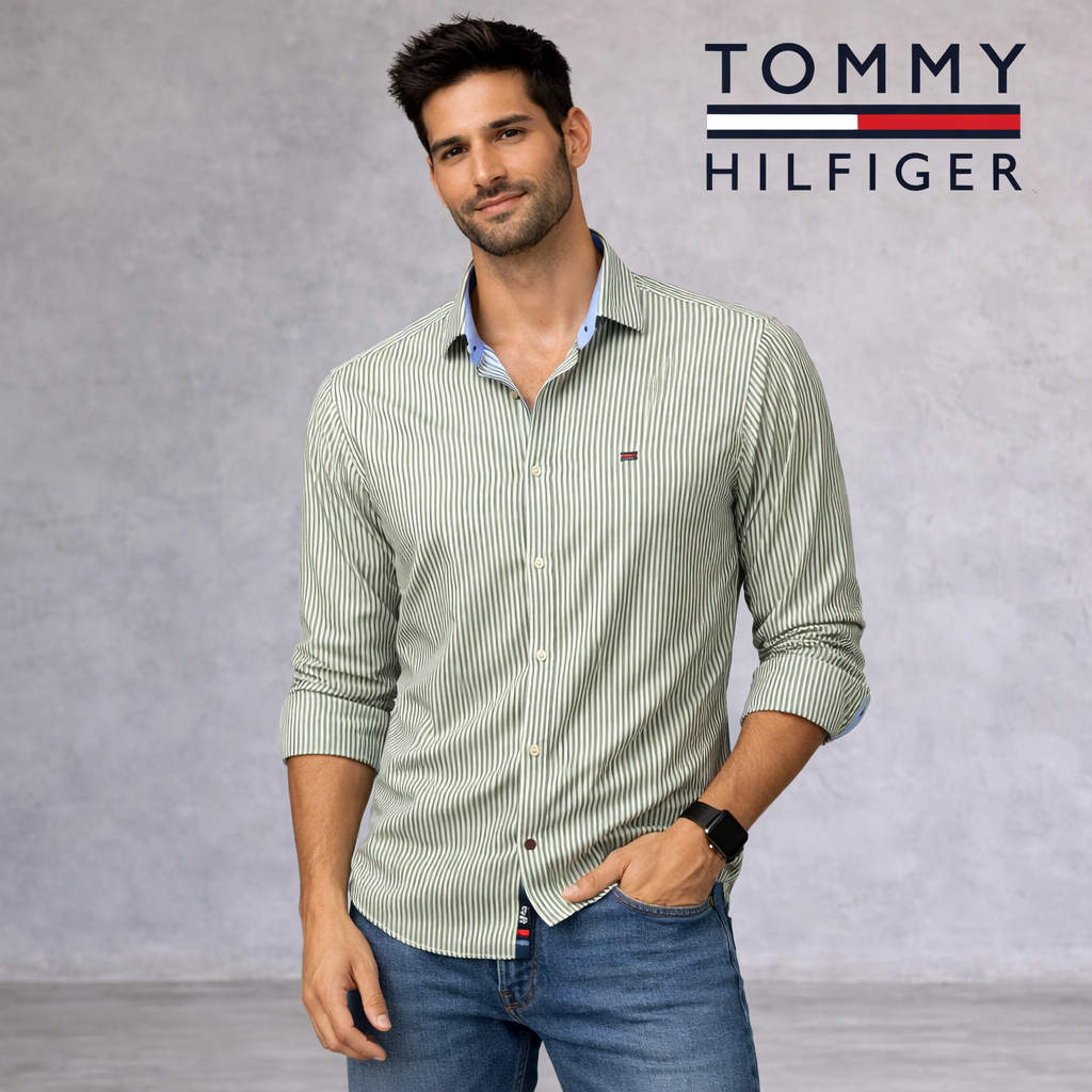 Tommy Hilfiger Tailored Fit Green & White Striped Shirt – Size L - Fitted 41/16