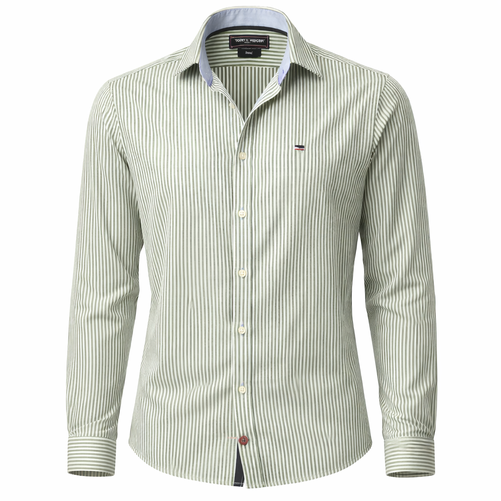 Tommy Hilfiger Tailored Fit Green & White Striped Shirt – Size L - Fitted 41/16