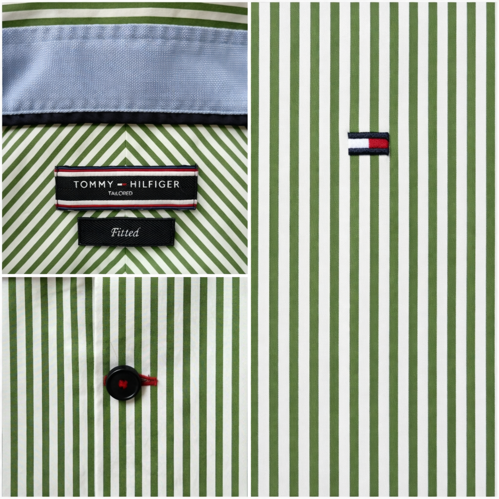 Tommy Hilfiger Tailored Fit Green & White Striped Shirt – Size L - Fitted 41/16