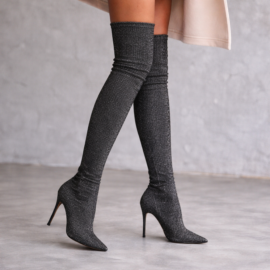 Moda In Pelle Yulia Black Silver Fabric Knitted Boots  UK 7