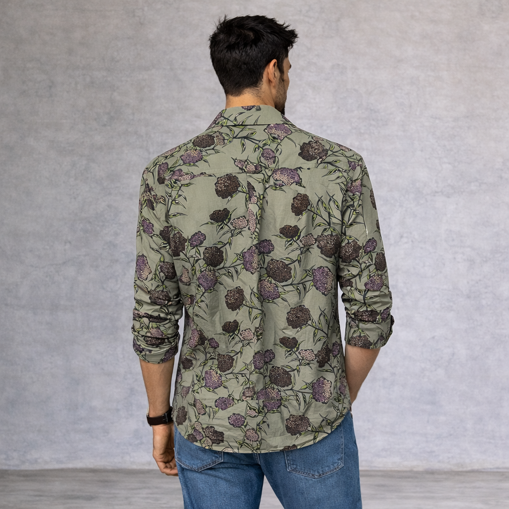 Ted Baker Olive Green Floral Shirt, Double Cuff XL