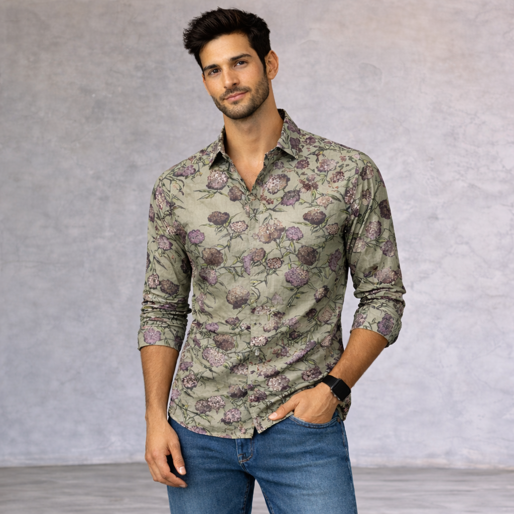 Ted Baker Olive Green Floral Shirt, Double Cuff XL