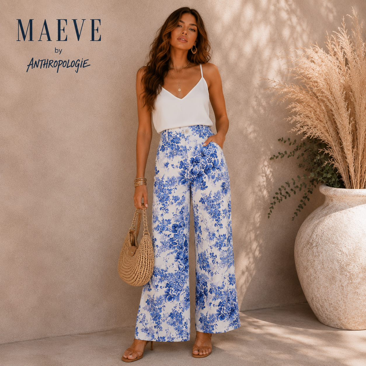 Maeve by Anthropologie Blue Floral Linen Blend Wide Leg Trousers UK 10