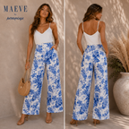Maeve by Anthropologie Blue Floral Linen Blend Wide Leg Trousers UK 10