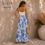 Maeve by Anthropologie Blue Floral Linen Blend Wide Leg Trousers UK 10