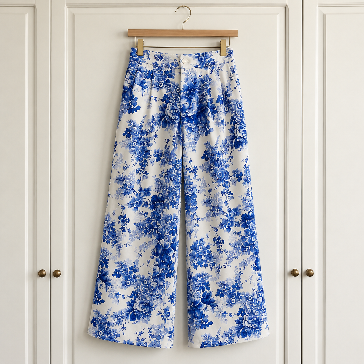 Maeve by Anthropologie Blue Floral Linen Blend Wide Leg Trousers UK 10