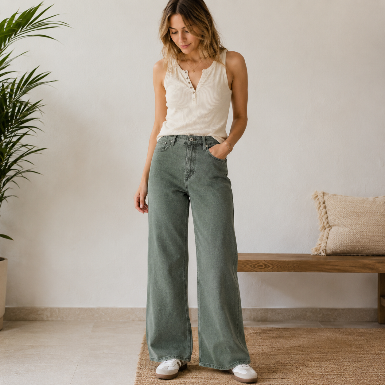 Jigsaw Sage Green Wide Leg Jeans UK 10 W28 High Rise