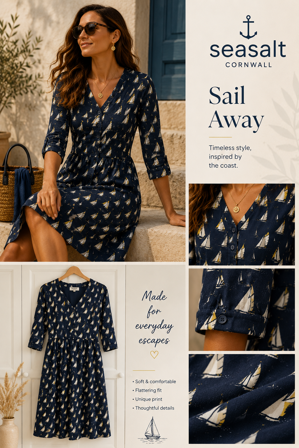 Seasalt Cornwall Sailboat Print Dress UK 10