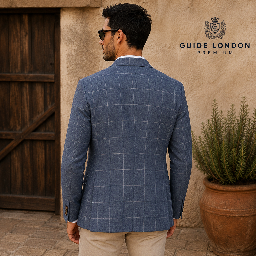 Guide London Blue Linen Blend Windowpane Blazer EU 50 UK 40