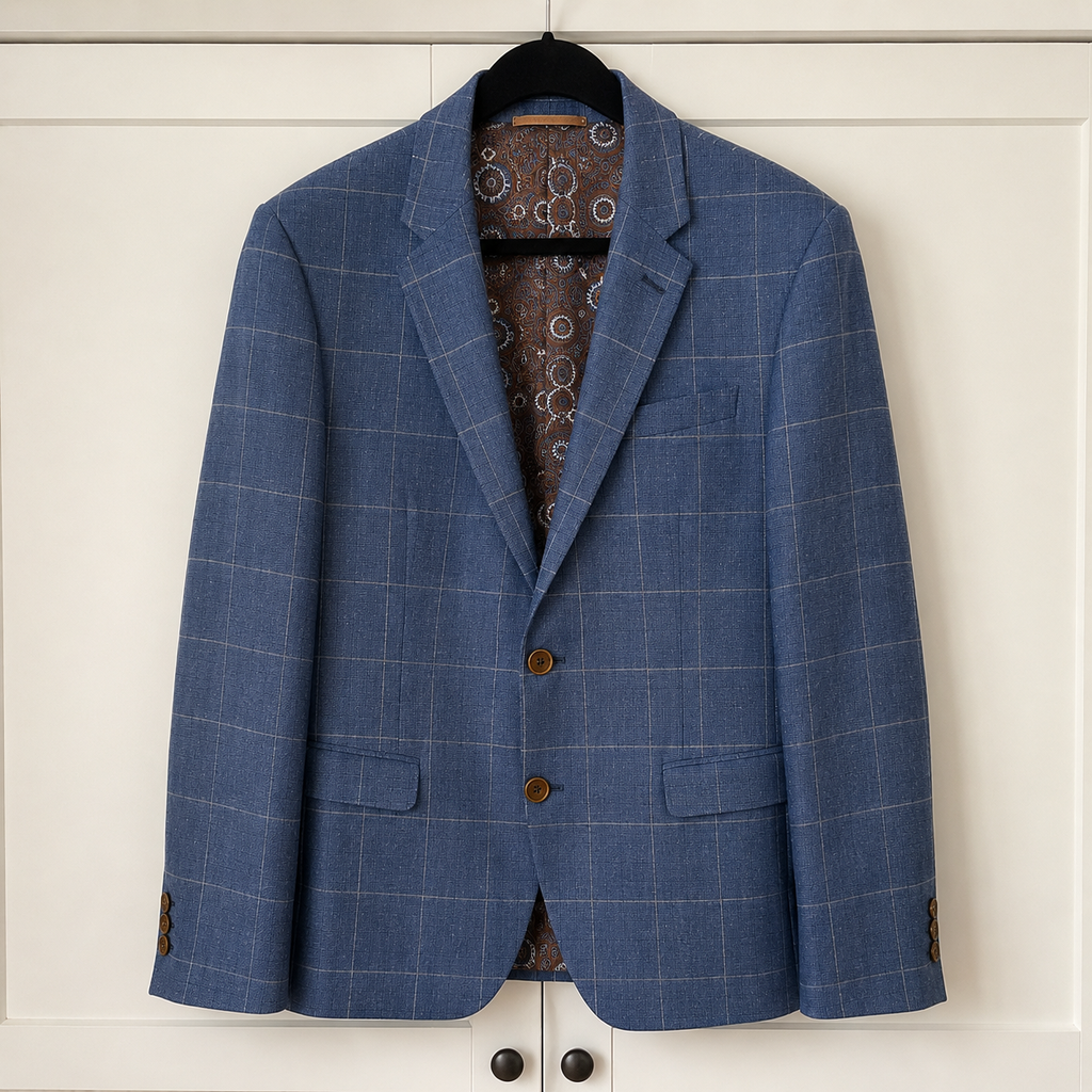 Guide London Blue Linen Blend Windowpane Blazer EU 50 UK 40