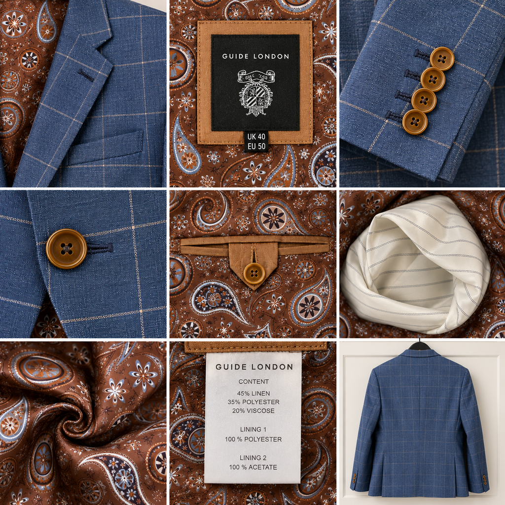 Guide London Blue Linen Blend Windowpane Blazer EU 50 UK 40